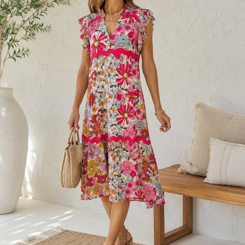 Umgee Floral Patchwork Midi Dress Small Rayon Flutter Sleeve Boho Cottagecore